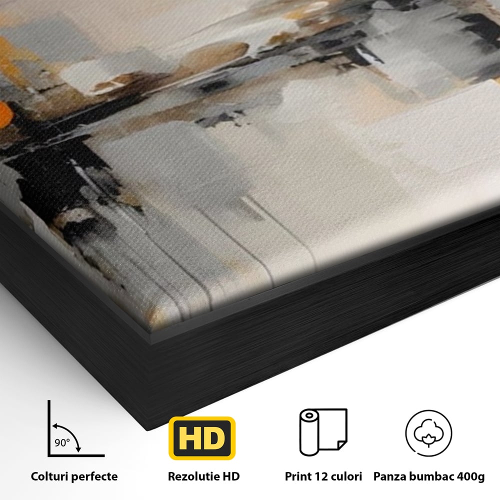 Detaliu al suprafetei: pictura abstracta cu reflexii urbane, in rama de aluminiu negru